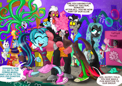 Size: 2338x1658 | Tagged: safe, artist:seriousdog, ahuizotl, diamond dudes, discord, fido, garble, king sombra, lord tirek, mane-iac, queen chrysalis, rover, sonata dusk, spot, changeling, changeling queen, diamond dog, equestria girls, rainbow rocks, amusement park, antagonist, balloon, cotton candy, equestria girls-ified, ferris wheel, food