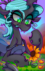 Size: 667x1057 | Tagged: safe, artist:kaliptro, queen chrysalis, changeling, changeling queen, alternate hairstyle, flower, overalls, solo