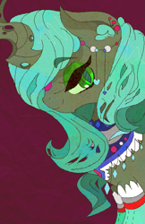 Size: 909x1399 | Tagged: safe, artist:euphoriapony, queen chrysalis, changeling, changeling queen, female, horn, jewelry, solo