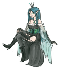 Size: 838x1000 | Tagged: safe, artist:king-kakapo, queen chrysalis, human, boots, clothes, corset, dress, elf ears, evening gloves, fingerless gloves, gloves, humanized, side slit, solo, stockings