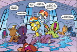 Size: 1317x887 | Tagged: safe, artist:jay fosgitt, idw, rainbow dash, spitfire, pegasus, pony, friends forever, spoiler:comic, spoiler:comicff11, crying, feels, foal, goggles, idw advertisement, loop de loop (character), nose in the air, ocular gushers, woobie