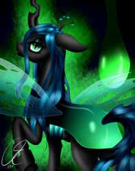 Size: 1700x2160 | Tagged: safe, artist:crazyaniknowit, queen chrysalis, changeling, changeling queen, female, looking back, raised hoof, solo