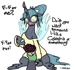 Size: 1280x1198 | Tagged: dead source, safe, artist:nobody, queen chrysalis, oc, oc:anon, changeling, changeling queen, human, adorkable, alternate hairstyle, blushing, bouquet, clothes, cute, cutealis, dialogue, dork, dorkalis, female, flower, glasses, hand, love, male, marriage proposal, nerd, offscreen character, open mouth, pov, raised hoof, shipping, simple background, sitting, straight, surprised, sweater, white background, wide eyes, y-you too, younger