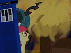 Size: 1024x768 | Tagged: safe, artist:biosonic100, apple bloom, queen chrysalis, changeling, changeling queen, doctor who, tardis