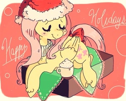 Size: 960x768 | Tagged: safe, artist:supernoncutie, derpibooru import, fluttershy, pegasus, pony, blushing, clothes, eyes closed, folded wings, happy holidays, hat, head turn, hot chocolate, prone, santa hat, scarf, solo, tail bow, wings