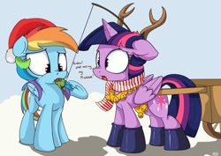 Size: 900x636 | Tagged: dead source, safe, artist:mistydash, rainbow dash, twilight sparkle, twilight sparkle (alicorn), alicorn, pegasus, pony, reindeer, antlers, bells, boots, cart, clothes, eating, female, floppy ears, hat, holly, holly mistaken for mistletoe, horses doing horse things, mare, nom, nose wrinkle, santa hat, scarf, this will end in tears and/or death