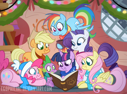 Size: 1190x887 | Tagged: safe, artist:egophiliac, derpibooru import, applejack, fluttershy, pinkie pie, rainbow dash, rarity, spike, twilight sparkle, dragon, earth pony, pegasus, pony, unicorn, christmas, clothes, hat, hearth's warming, mane seven, mane six, scarf, winter