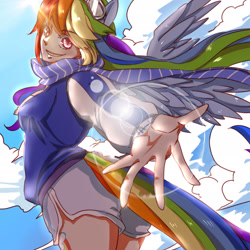 Size: 2362x2362 | Tagged: safe, artist:daikoku, rainbow dash, human, eared humanization, humanized, meet my pony, pixiv, solo, tailed humanization, winged humanization