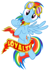 Size: 682x1000 | Tagged: safe, artist:pixelkitties, rainbow dash, pegasus, pony, element of loyalty, goggles, looking at you, loyalty, simple background, smiling, tattoo, transparent background, vector