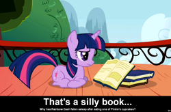 Size: 1024x671 | Tagged: safe, derpibooru import, twilight sparkle, pony, unicorn, fanfic:cupcakes, book, caption, cs captions, female, mare, reading, solo, this will end in tears