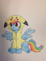 Size: 2448x3264 | Tagged: safe, artist:scarlet-spectrum, rainbow dash, pegasus, pikachu, pony, :3, clothes, cute, dashabetes, floppy ears, hoodie, pokémon, rainbowchu, sitting, smiling, solo, spread wings, underhoof