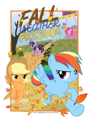 Size: 3000x4071 | Tagged: safe, artist:timon1771, derpibooru import, applejack, pinkie pie, rainbow dash, spike, twilight sparkle, dragon, earth pony, pegasus, pony, fall weather friends, balloon, episode posters, poster, running of the leaves, title card