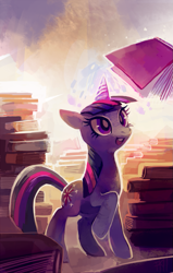 Size: 637x1000 | Tagged: safe, artist:purplekecleon, derpibooru import, twilight sparkle, unicorn twilight, pony, unicorn, book, female, levitation, looking up, magic, smiling, solo, that pony sure does love books, thick horn