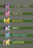 Size: 109x157 | Tagged: safe, artist:allicornuk, derpibooru import, applejack, fluttershy, pinkie pie, rainbow dash, rarity, twilight sparkle, earth pony, pegasus, pony, unicorn, mane six, pixel art, sprite