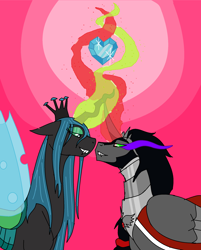 Size: 1896x2360 | Tagged: safe, artist:carousell777, king sombra, queen chrysalis, alicorn, changeling, changeling queen, pony, alicorn amulet, chrysombra, crystal heart, female, male, shipping, straight