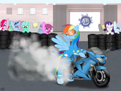 Size: 2048x1536 | Tagged: safe, artist:aagun, derpy hooves, lyra heartstrings, minuette, rainbow dash, rarity, pegasus, pony, unicorn, female, mare, motorcycle