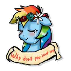Size: 1000x1000 | Tagged: safe, artist:stockingstreams, rainbow dash, pegasus, pony, blushing, crying, eyes closed, floral head wreath, flower, messy mane, old banner, rejection, sad, simple background, smiling, solo, transparent background