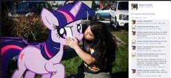 Size: 1322x605 | Tagged: safe, derpibooru import, twilight sparkle, pony, brony, cardboard cutout, cardboard twilight, facebook, human on pony action, kissing, text