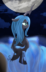 Size: 1707x2678 | Tagged: safe, artist:sakairi-chan, queen chrysalis, changeling, changeling queen, female, moon, solo