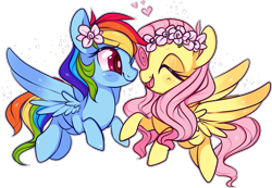 Size: 975x676 | Tagged: safe, artist:suzuii, fluttershy, rainbow dash, pegasus, pony, female, floral head wreath, flutterdash, heart, lesbian, shipping