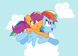 Size: 1024x738 | Tagged: safe, artist:archerinblue, rainbow dash, scootaloo, pegasus, pony, flying, ponies riding ponies, scootalove