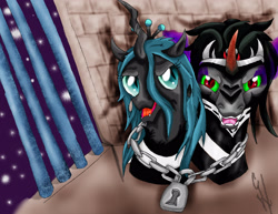 Size: 3244x2503 | Tagged: safe, artist:hoodedtomsi, king sombra, queen chrysalis, changeling, changeling queen, pony, unicorn, black mane, male, sharp teeth, sombra eyes, stallion