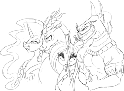 Size: 1728x1272 | Tagged: source needed, safe, artist:zev, ahuizotl, discord, nightmare moon, queen chrysalis, alicorn, changeling, changeling queen, draconequus, pony, :p, antagonist, fangs, grayscale, grin, lidded eyes, monochrome, muscles, simple background, sketch, smiling, smirk, tongue out, white background