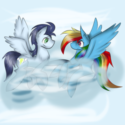 Size: 1000x1000 | Tagged: safe, artist:cocopony1001, rainbow dash, soarin', pegasus, pony, female, male, old cutie mark, shipping, soarindash, straight