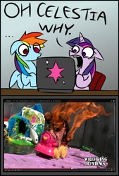 Size: 473x700 | Tagged: safe, rainbow dash, twilight sparkle, pegasus, pony, computer, computer meme, doom train, exploitable meme, fire, friendship express, leokimvideo, locomotive, meme, steam locomotive, toy, toy abuse, train, wrecking reviews, youtube, youtube link