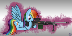 Size: 3000x1527 | Tagged: safe, artist:misterjuly, rainbow dash, pegasus, pony, fn mag, gun, m240b, machine gun, solo, wallpaper