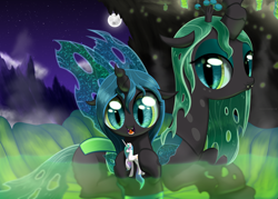 Size: 2500x1789 | Tagged: safe, artist:nimaru, princess celestia, queen chrysalis, oc, alicorn, changeling, changeling queen, nymph, pony, bath, bathing, changeling hive, changeling queen oc, cloud, cocoon, cute, cutealis, duo, duo female, female, filly, mare, moon, mother and child, mother and daughter, mountain, night, night sky, ocbetes, parent and child, sky, stars, toy, younger