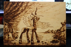 Size: 1280x854 | Tagged: safe, artist:horseez, queen chrysalis, changeling, changeling queen, craft, pyrography, solo, windswept mane, woodwork