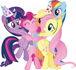 Size: 1834x1698 | Tagged: safe, artist:wraithx79, derpibooru import, applejack, fluttershy, pinkie pie, rainbow dash, rarity, twilight sparkle, earth pony, pegasus, pony, unicorn, party of one, group hug, hug, mane six, party, simple background, transparent background, vector