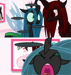 Size: 845x893 | Tagged: safe, queen chrysalis, oc, oc:marksaline, changeling, changeling queen, comic, fear, panic, screaming, tumblr:ask fluffle puff, whining