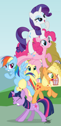 Size: 600x1227 | Tagged: safe, artist:tehjadeh, derpibooru import, applejack, fluttershy, pinkie pie, rainbow dash, rarity, twilight sparkle, earth pony, pegasus, pony, unicorn, mane six, tower of pony