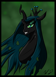 Size: 766x1054 | Tagged: safe, artist:winterdominus, queen chrysalis, changeling, changeling queen, bust, grin, kitchen eyes, looking at you, smirk, solo