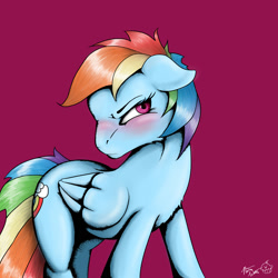 Size: 2400x2400 | Tagged: safe, artist:captainpudgemuffin, rainbow dash, pegasus, pony, blushing, embarrassed, floppy ears, fluffy, frown, glare, grumpy, looking at you, solo