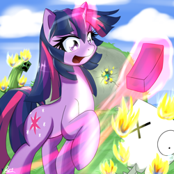 Size: 1000x1000 | Tagged: safe, artist:reikomuffin, derpibooru import, twilight sparkle, unicorn twilight, pony, unicorn, zombie, brick, creeper, female, fire, magic, mare, minecraft, skeleton, telekinesis