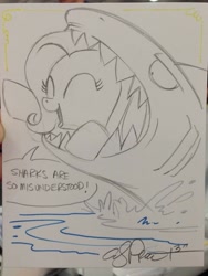 Size: 769x1024 | Tagged: safe, artist:andypriceart, fluttershy, pegasus, pony, shark, animal, cute, eaten alive, eyes closed, female, flutterprey, glare, mare, open mouth, partial color, predation, shyabetes, smiling, traditional art, vore, wat, water