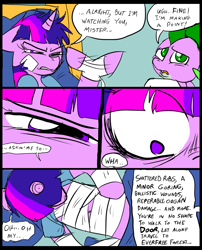 Size: 827x1025 | Tagged: safe, artist:metal-kitty, derpibooru import, spike, twilight sparkle, dragon, comic:mlp project, bandage, comic, hospital, stitches