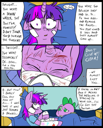 Size: 827x1025 | Tagged: safe, artist:metal-kitty, derpibooru import, spike, twilight sparkle, dragon, comic:mlp project, bandage, cast, comic, hospital