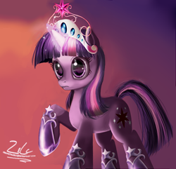 Size: 530x511 | Tagged: safe, artist:zelc-face, derpibooru import, twilight sparkle, unicorn twilight, pony, unicorn, big crown thingy, clothes, element of magic, glowing horn, jewelry, magic, regalia, shoes, solo