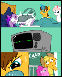 Size: 827x1025 | Tagged: safe, artist:metal-kitty, derpibooru import, applejack, nurse redheart, pinkie pie, twilight sparkle, earth pony, pony, comic:mlp project, bandage, cast, comic, defibrillator, electrocardiogram, flatline, hospital