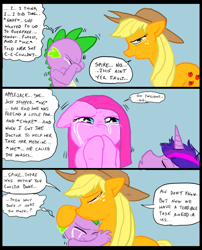 Size: 827x1025 | Tagged: safe, artist:metal-kitty, derpibooru import, applejack, pinkie pie, spike, twilight sparkle, dragon, earth pony, pony, comic:mlp project, comic, crying, death, hospital, hug, pinkamena diane pie, sad