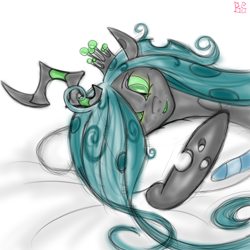 Size: 1280x1280 | Tagged: safe, artist:briarspark, queen chrysalis, changeling, changeling queen, bed, bed mane, female, lying down, pillow, pixiv, solo