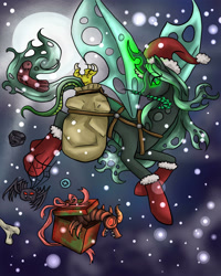 Size: 2000x2500 | Tagged: safe, artist:secretsheik, queen chrysalis, changeling, changeling queen, spider, bedroom eyes, bone, candy cane, christmas changeling, clothes, coal, flying, hat, jack-in-the-box, magic, mouth hold, present, santa hat, smiling, snow, snowfall, socks, solo, the nightmare before christmas