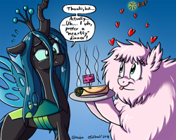 Size: 1280x1015 | Tagged: safe, artist:tobibrocki, queen chrysalis, oc, oc:fluffle puff, changeling, changeling queen, burrito, double entendre, taco