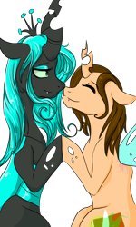 Size: 1200x2000 | Tagged: safe, artist:chibixii, queen chrysalis, oc, oc:poisoned soul, changeling, changeling queen, boop, canon x oc, changelingified, noseboop, shipping