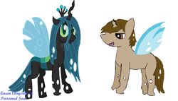 Size: 1024x586 | Tagged: safe, queen chrysalis, oc, oc:poisoned soul, changeling, changeling queen, duo, simple background, white background