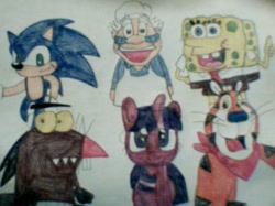 Size: 568x425 | Tagged: safe, artist:mollyketty, derpibooru import, twilight sparkle, angry beavers, cinnamon toast crunch, crossover, daggett doofus beaver, sonic the hedgehog, sonic the hedgehog (series), spongebob squarepants, tony the tiger, traditional art, wendell